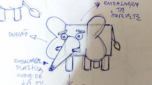Rabisco de ideia para construir um elefante com pote de sorvete