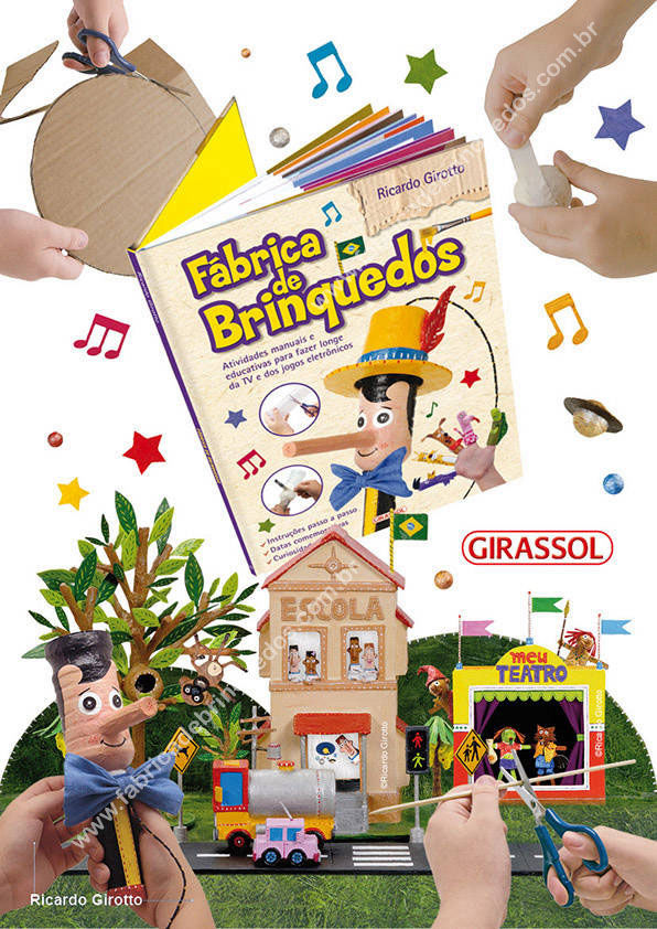 Livro Fábrica de Brinquedos de Ricardo Girotto. DIY Faça você mesmo seus próprios brinquedos. Aprenda como na fábrica de brinquedos. Um aliado ideal para trabalhar nas escolas! É supercolorido, com textos curtos, ilustrações e fotos detalhadas do passo a passo da construção dos brinquedos. São 12 brinquedos, inspirados em datas comemorativas. A sua feitura é acompanhada de informações e curiosidades sobre a data em questão. As páginas iniciais trazem texto e fotos explicativas sobre os materiais reciclados, os instrumentos e materiais de acabamento, dicas de pintura, papietagem, recorte, medição etc. Com este livro, a criança fantasia e brinca a partir de material reciclado. Tem a oportunidade de ver material do dia a dia de sua casa, que seria descartado como lixo, se transformar em brinquedos criativos e lúdicos: caixa vazia de sapato e pedaços de papelão que viram prédio de escola; embalagem de iogurte, detergente e rolinho de papel higiênico que viram bilboquê; pote de sorvete e tampas de achocolatado que se convertem em carrinho de mão! Ilustrações e projetos gráficos para jornais, livros e revistas.